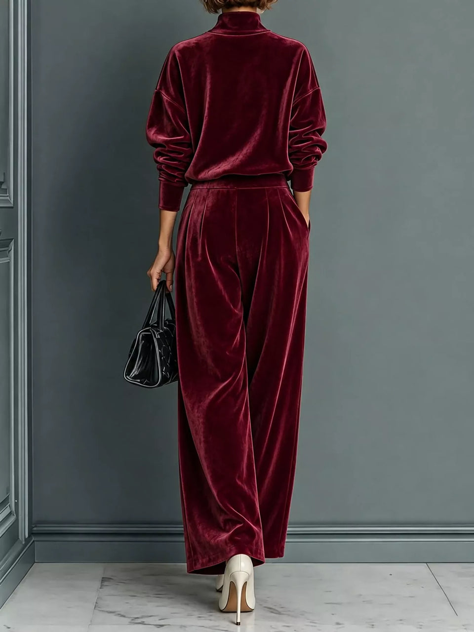 Velvet Mock Neck Long Sleeve Top and Wide-Leg Pants Set