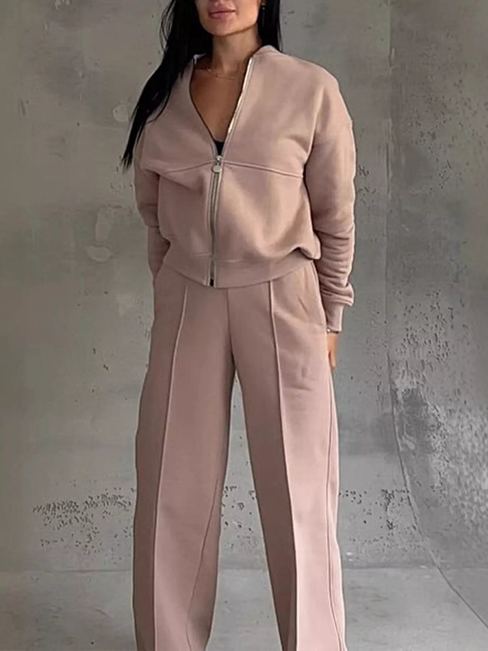 Casual Zip-Up Jacket and Wide-Leg Sweatpants Set