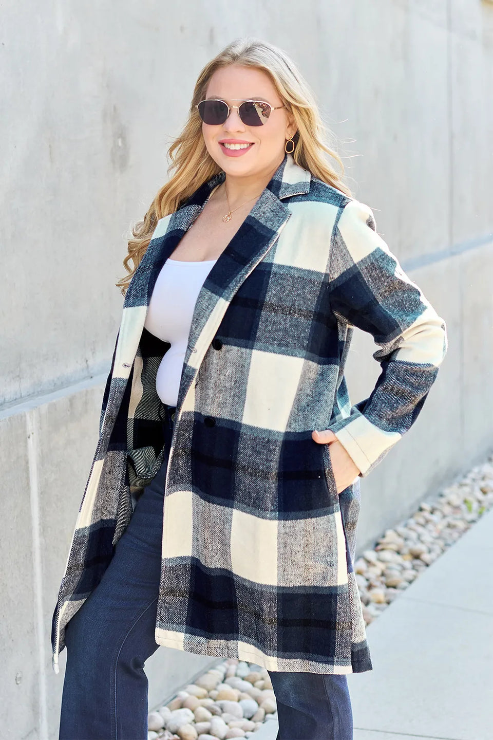Double Take Plaid Button-Up Lapel Collar Coat