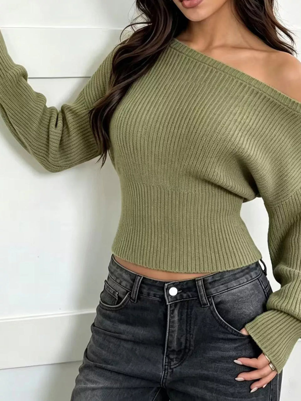 One Shoulder Ribbed Knit Sweater