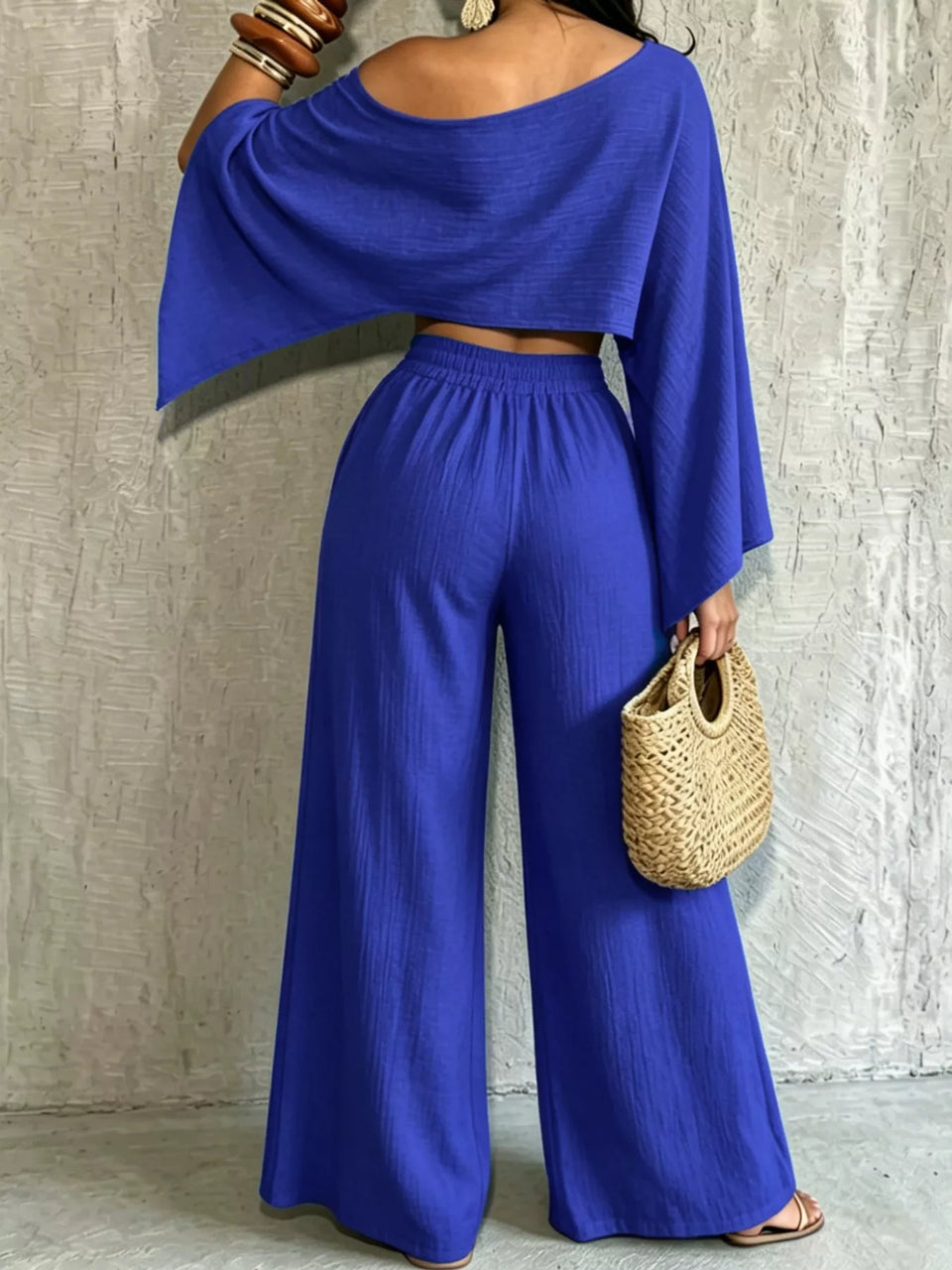 Boat Neck Crop Top and Wide-Leg Pants Set
