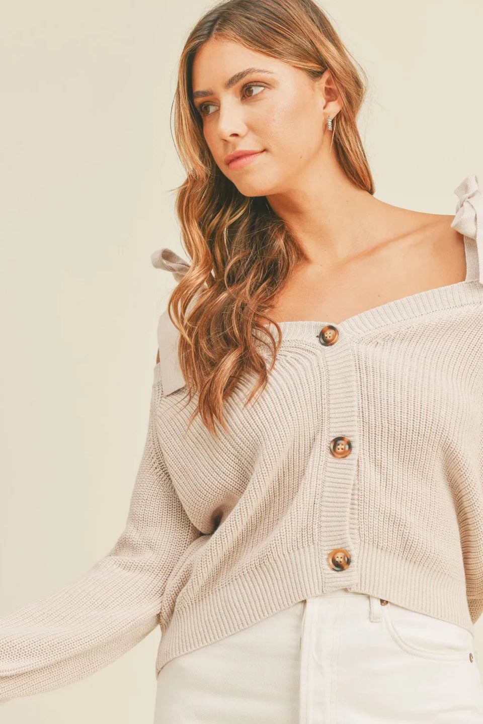 MABLE Off-Shoulder Self-Tie Button Down Sweater