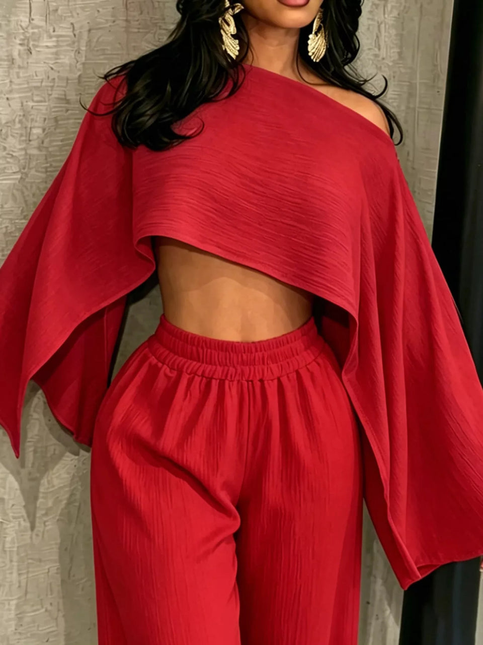 Boat Neck Crop Top and Wide-Leg Pants Set