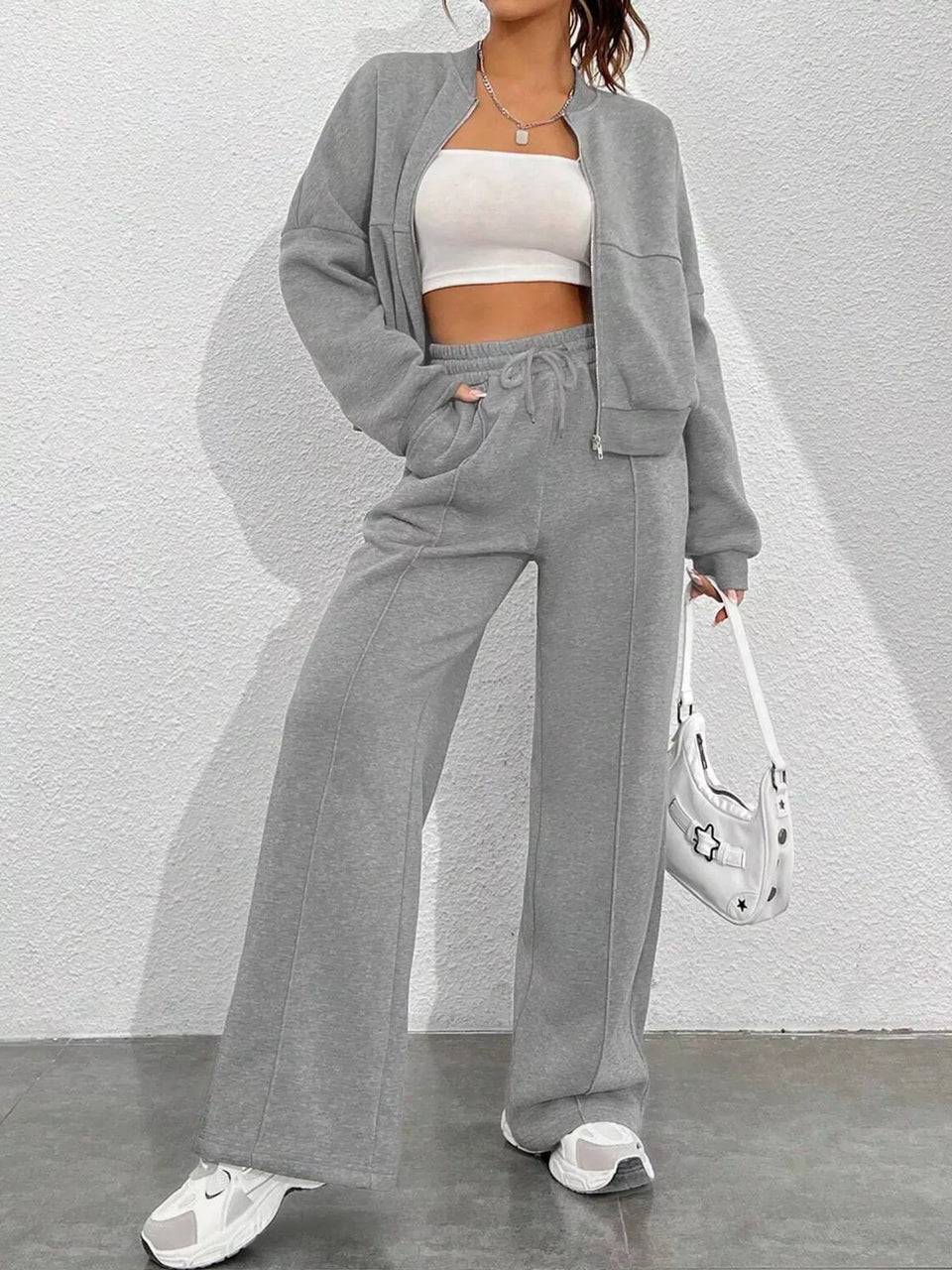 Casual Zip-Up Jacket and Wide-Leg Sweatpants Set