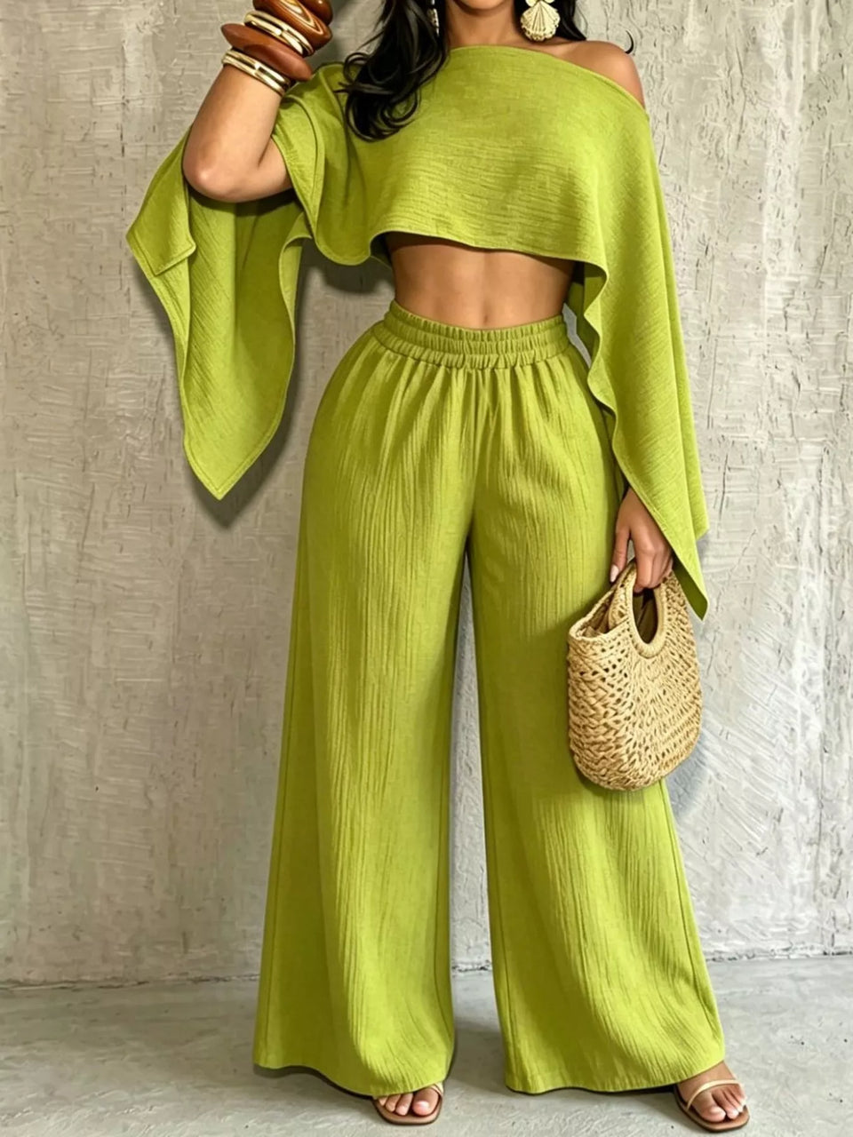 Boat Neck Crop Top and Wide-Leg Pants Set