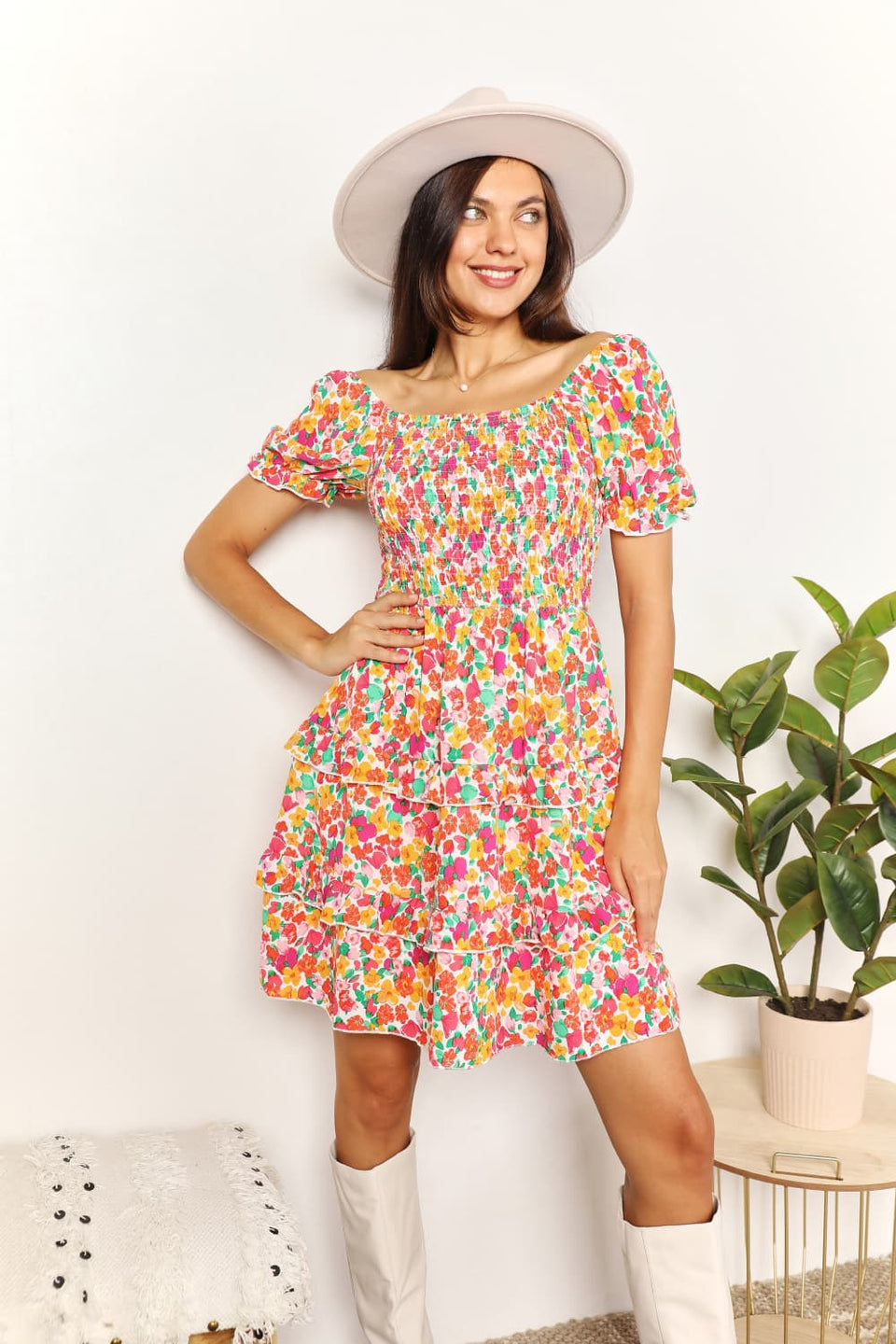 Devine Smocked Sweetheart Flounce Sleeve Mini Dress