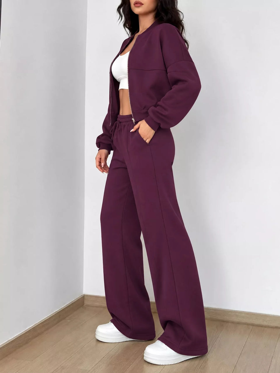 Casual Zip-Up Jacket and Wide-Leg Sweatpants Set