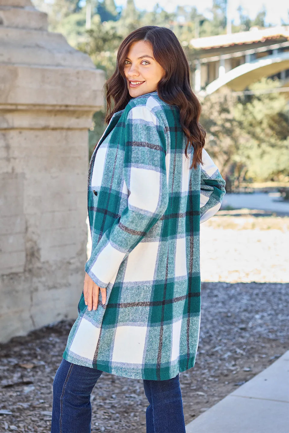 Double Take Plaid Button-Up Lapel Collar Coat