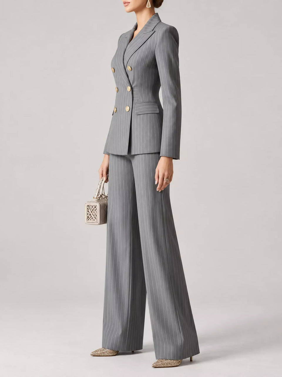 Double-Breasted Pinstripe Blazer and Wide-Leg Pants Set