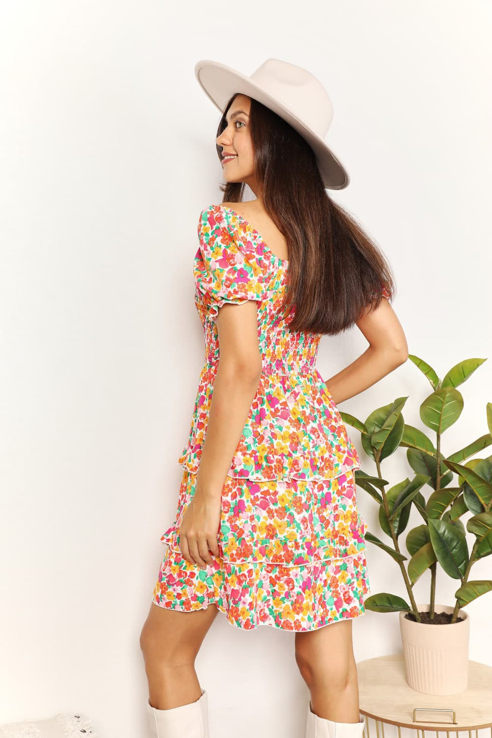 Devine Smocked Sweetheart Flounce Sleeve Mini Dress