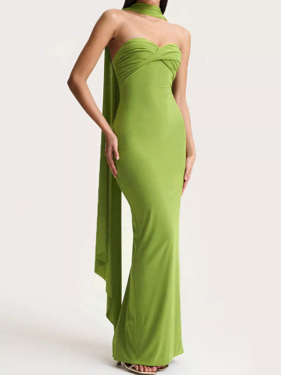 Strapless Ruched Bodycon Maxi Dress with Scarf