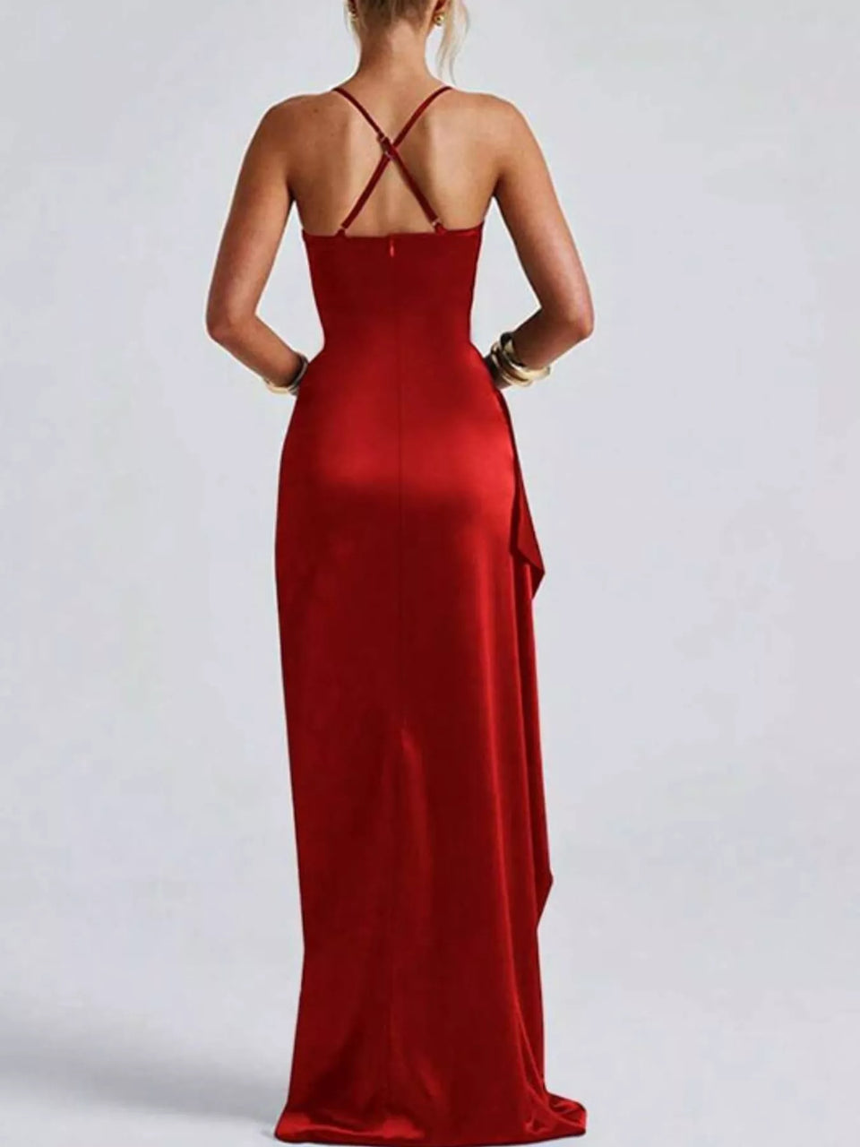 Satin Ruched High-Slit Maxi Dress