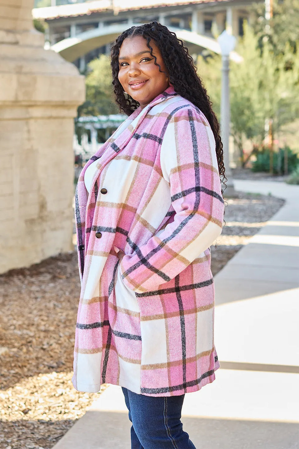 Double Take Plaid Button-Up Lapel Collar Coat