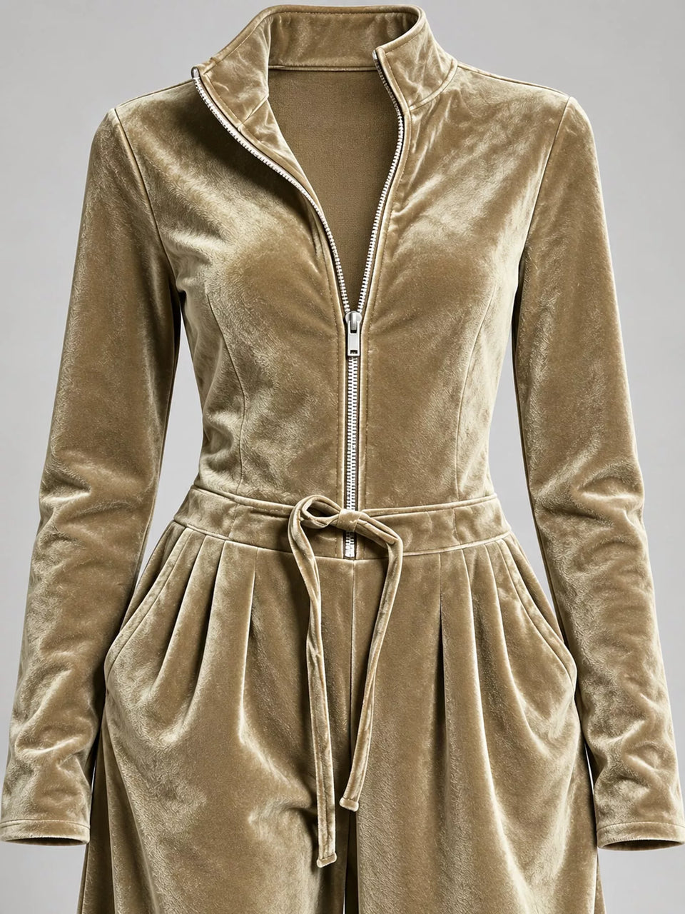 Velvet Zip-Up Jumpsuit with Tie-Waist