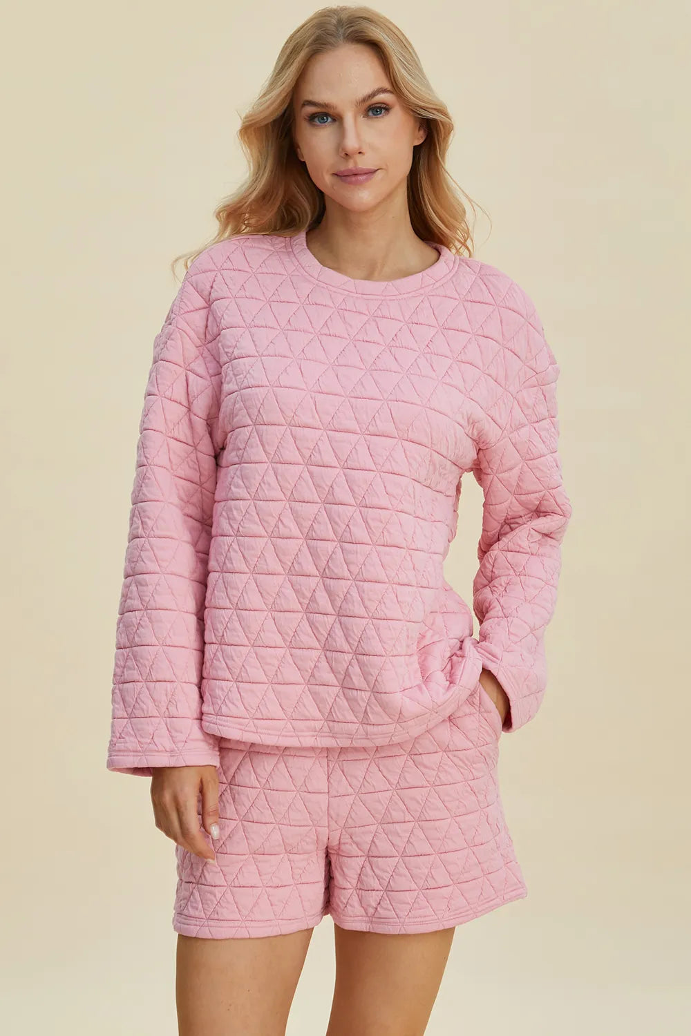 Double Take Textured Long Sleeve Top and Shorts Set
