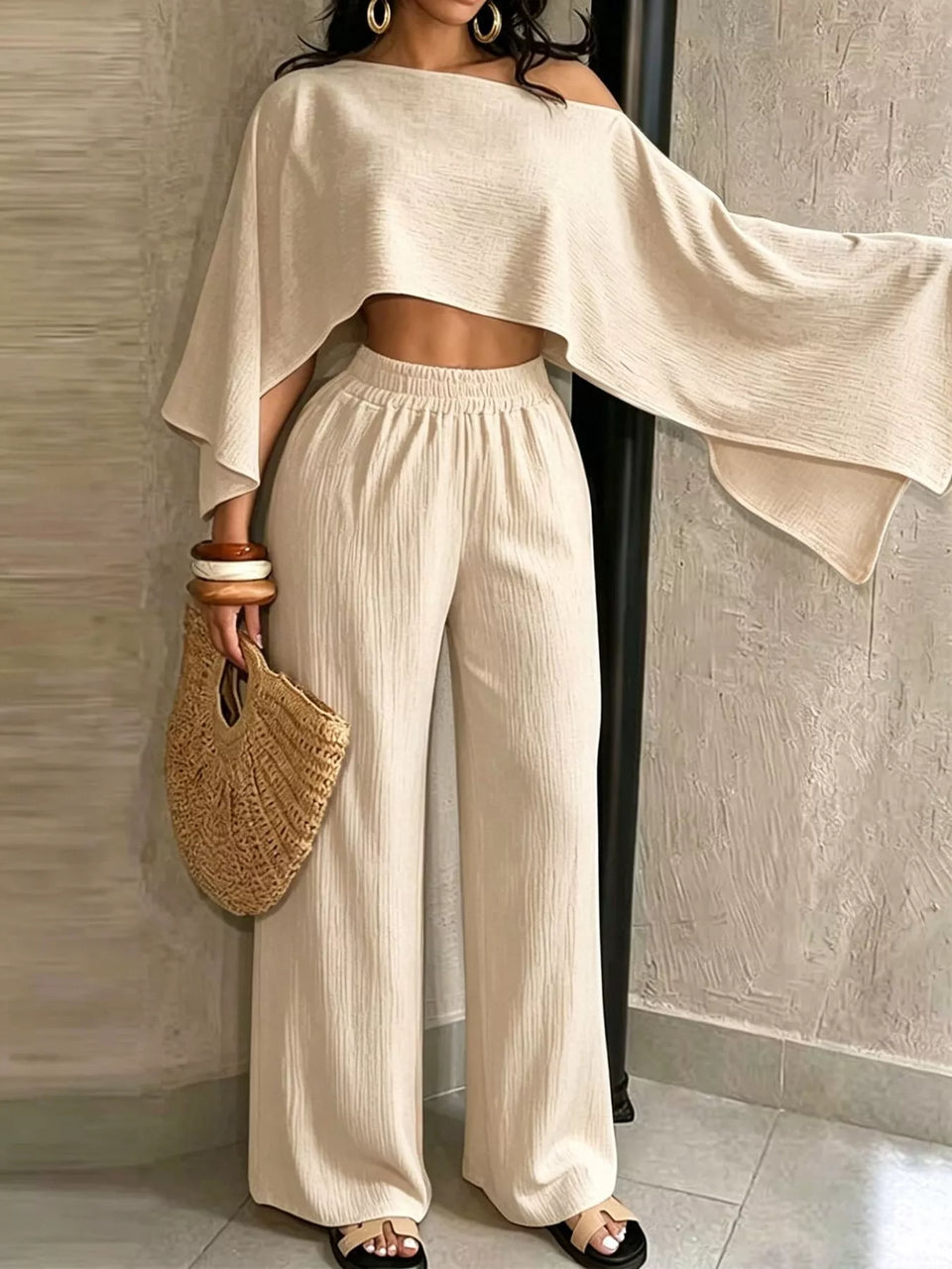 Boat Neck Crop Top and Wide-Leg Pants Set