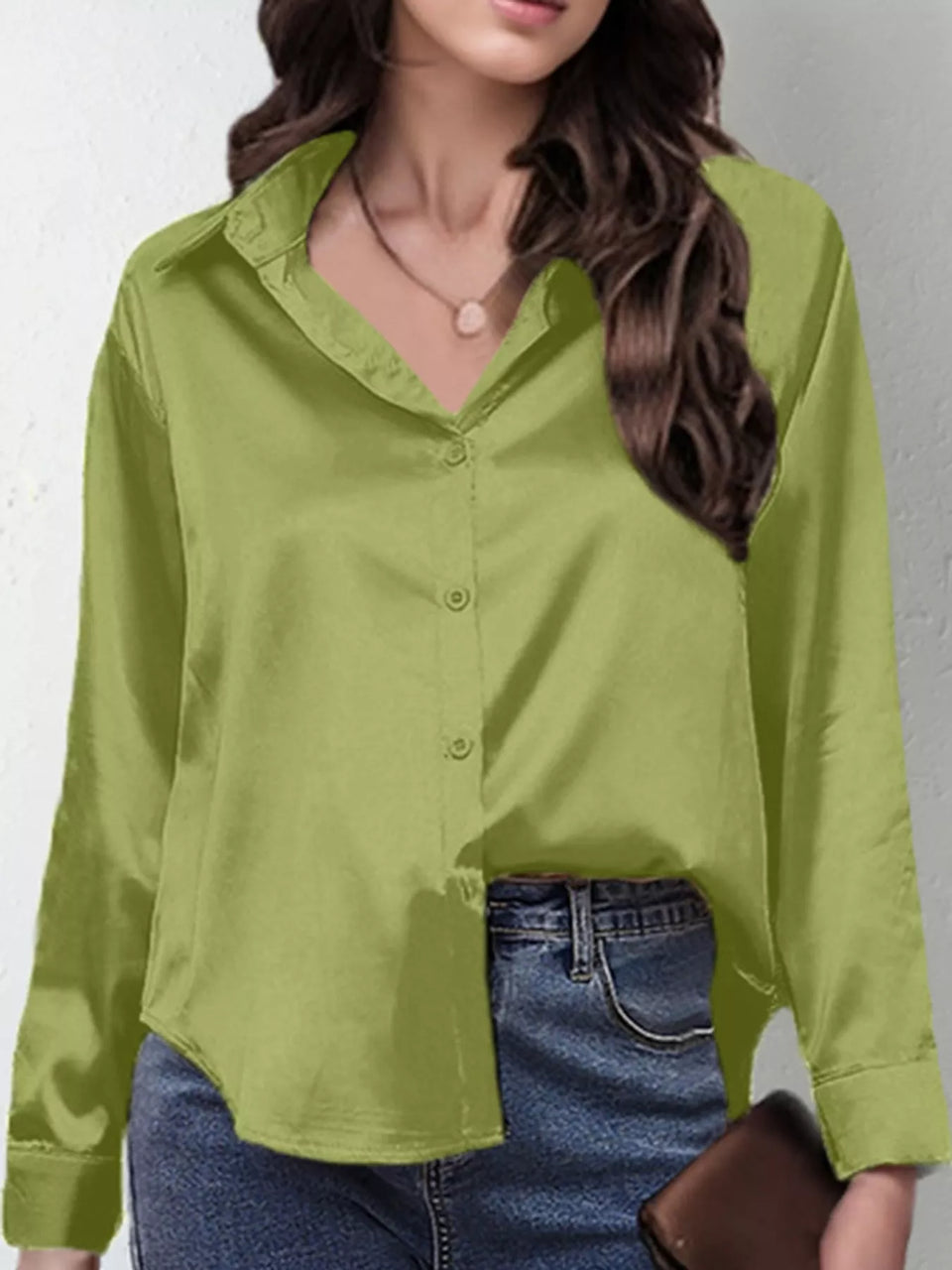 Satin Button-Down Long Sleeve Shirt