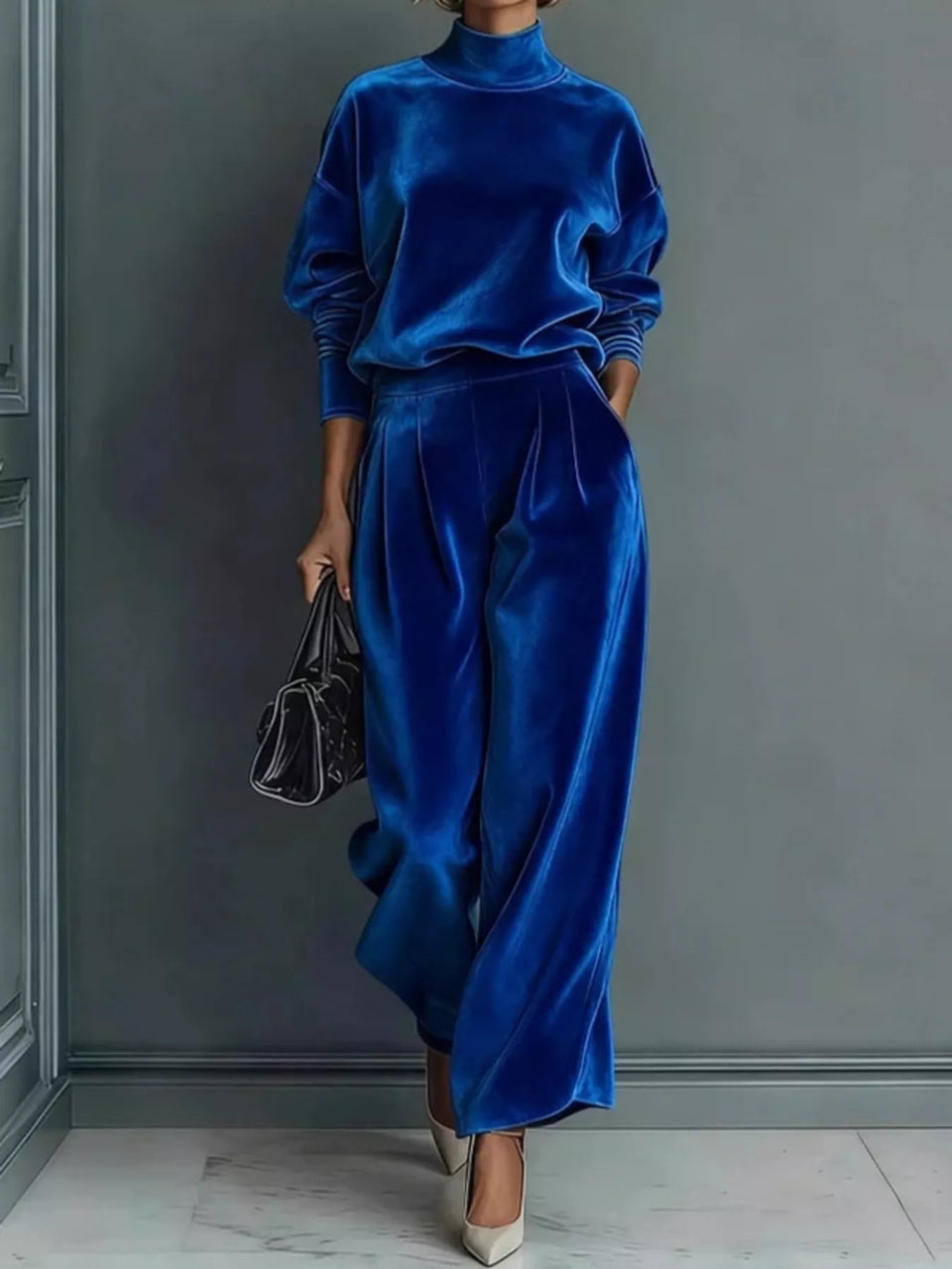 Velvet Mock Neck Long Sleeve Top and Wide-Leg Pants Set
