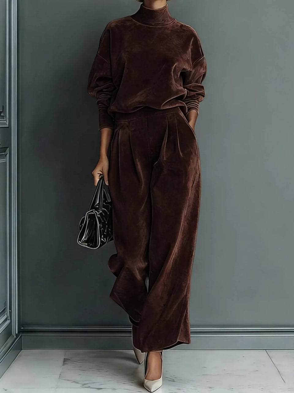 Velvet Mock Neck Long Sleeve Top and Wide-Leg Pants Set