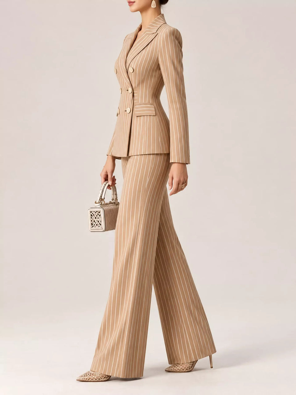 Double-Breasted Pinstripe Blazer and Wide-Leg Pants Set