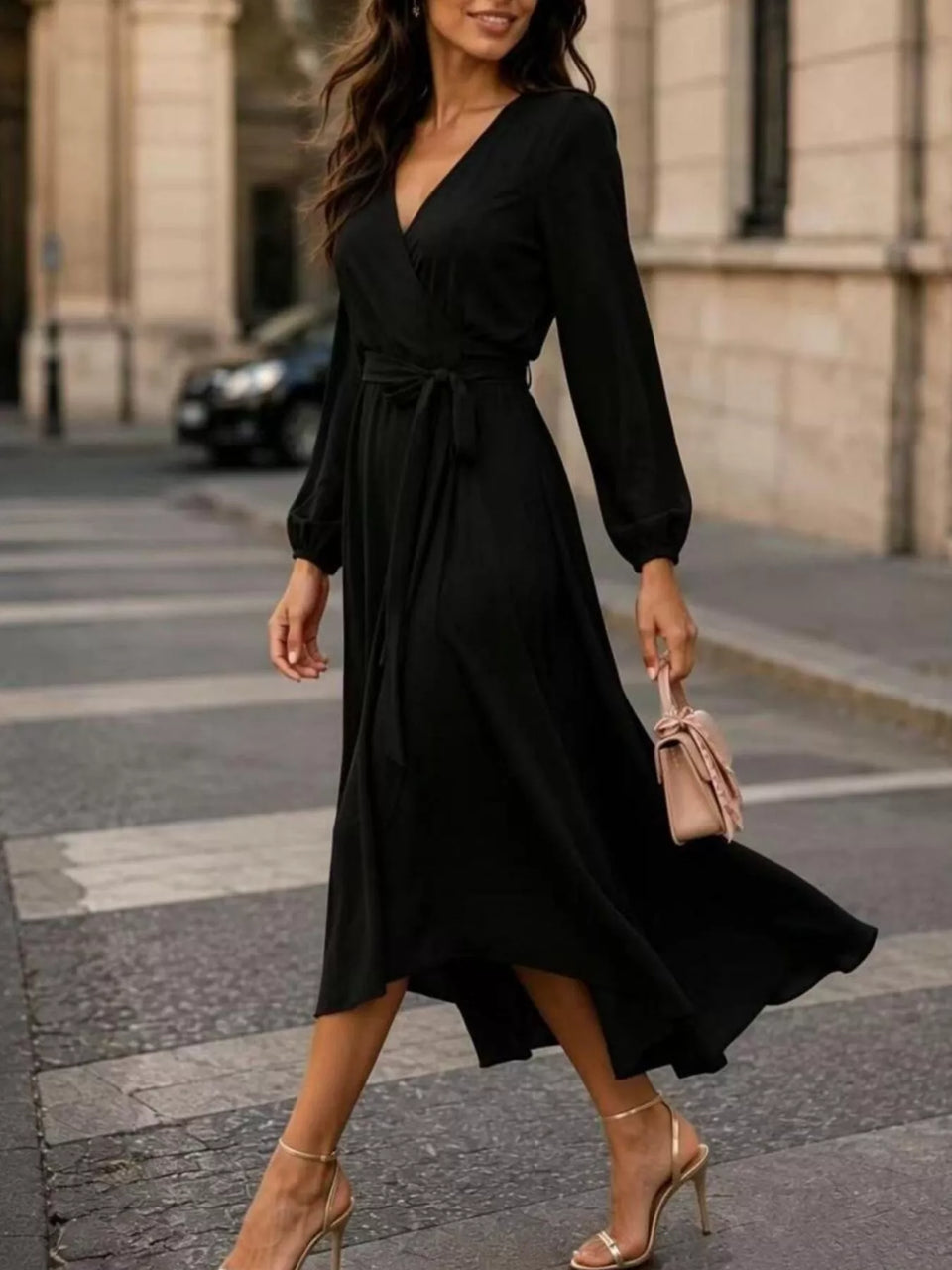 Long Sleeve Wrap Dress with Waist Tie