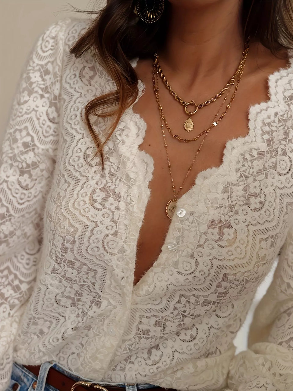 Elegant Lace V-Neck Long Sleeve Blouse