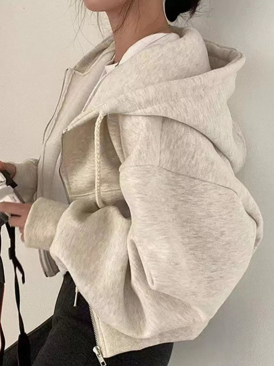 Oversized Zip-Up Cropped Hoodie