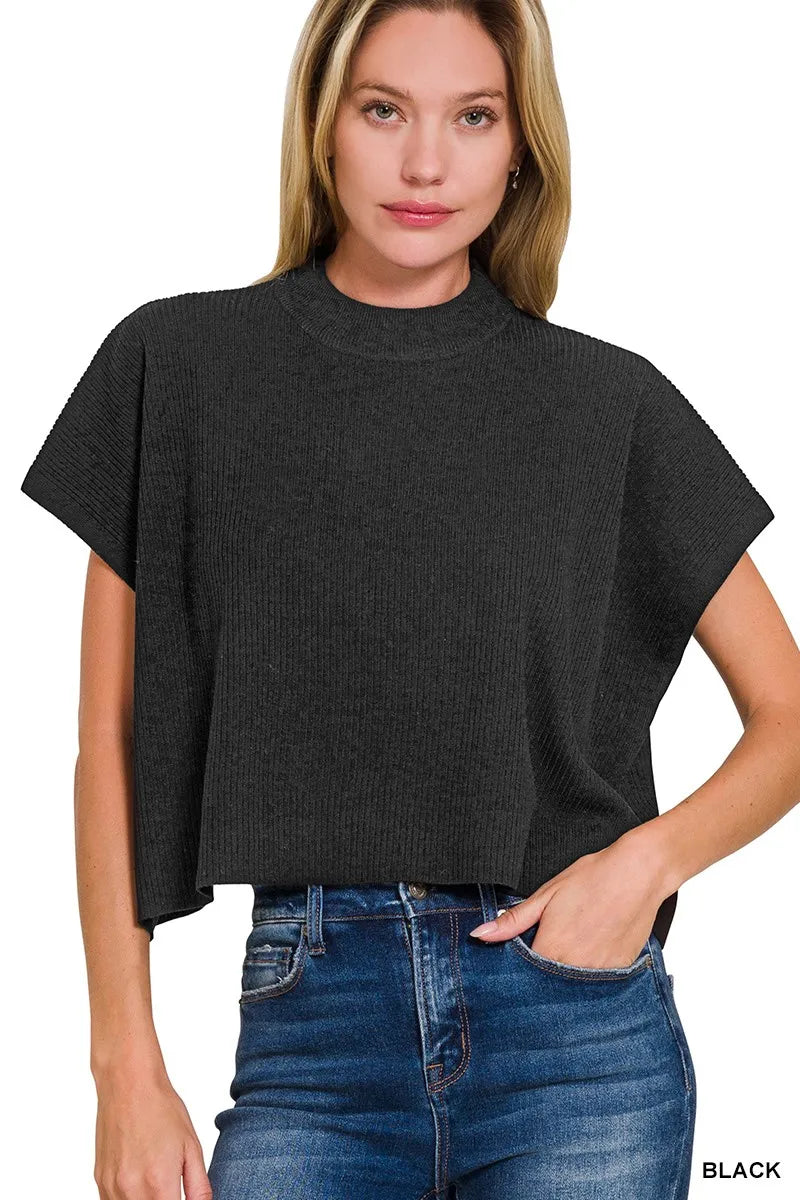 Zenana Viscose Mock Neck Short Sleeve Boxy Sweater