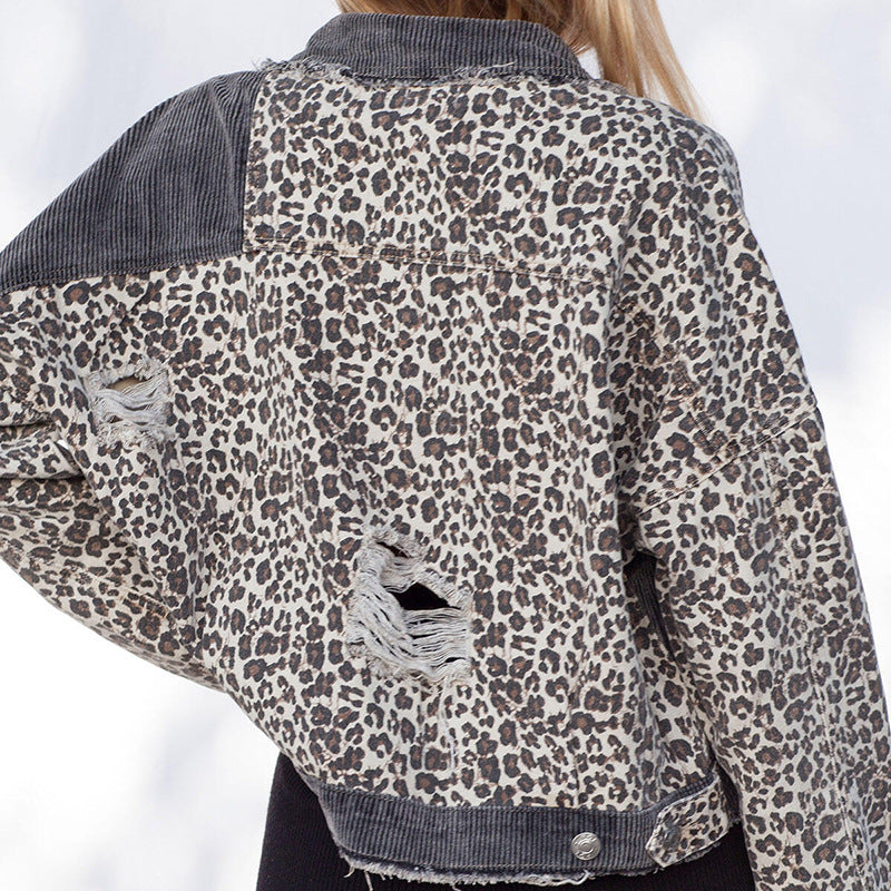 Jeansjacka med leopardmönstrad manchester