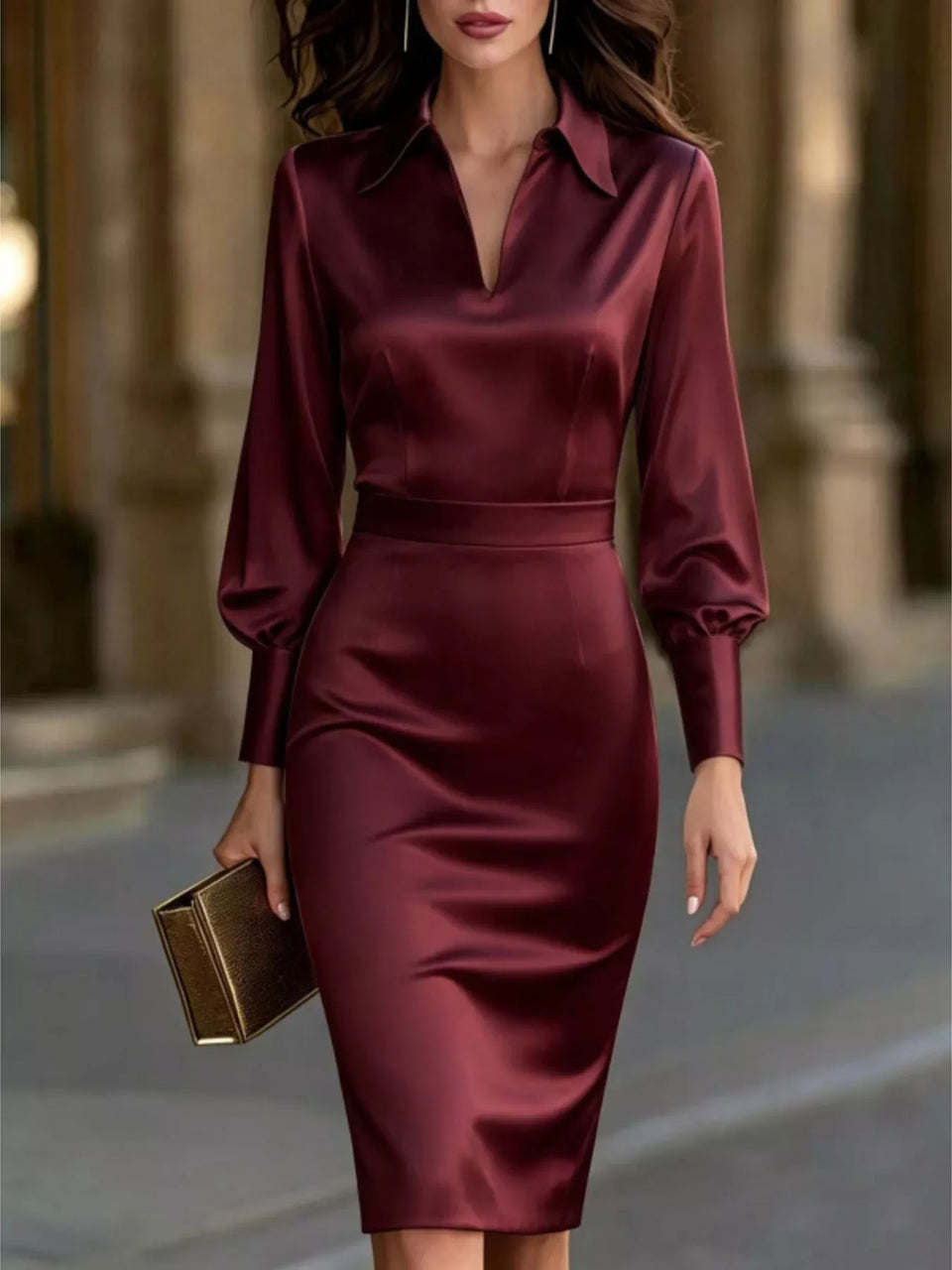 Satin Lantern Sleeve Midi Dress