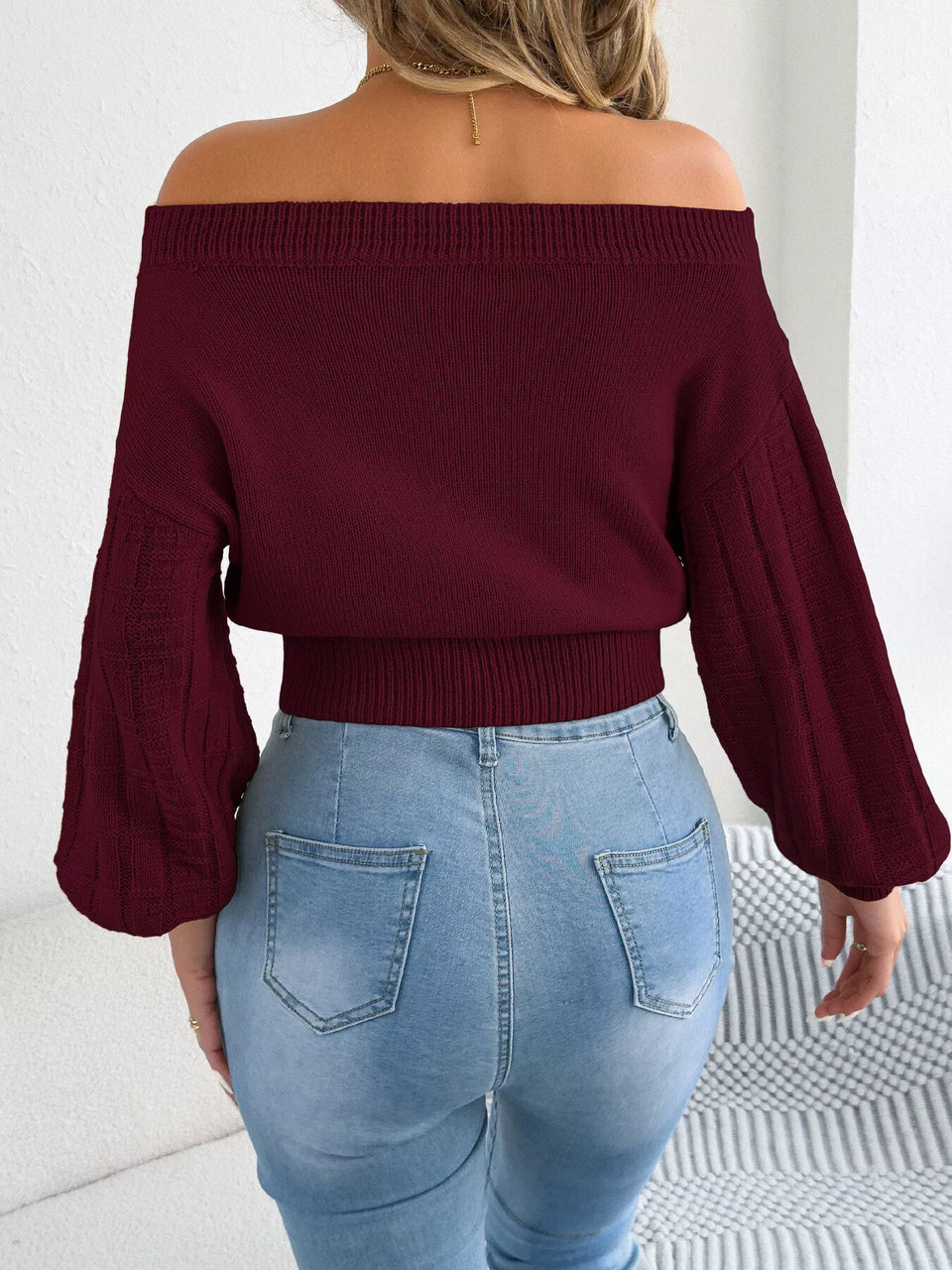 Off-Shoulder Openwork Cropped Sweater
