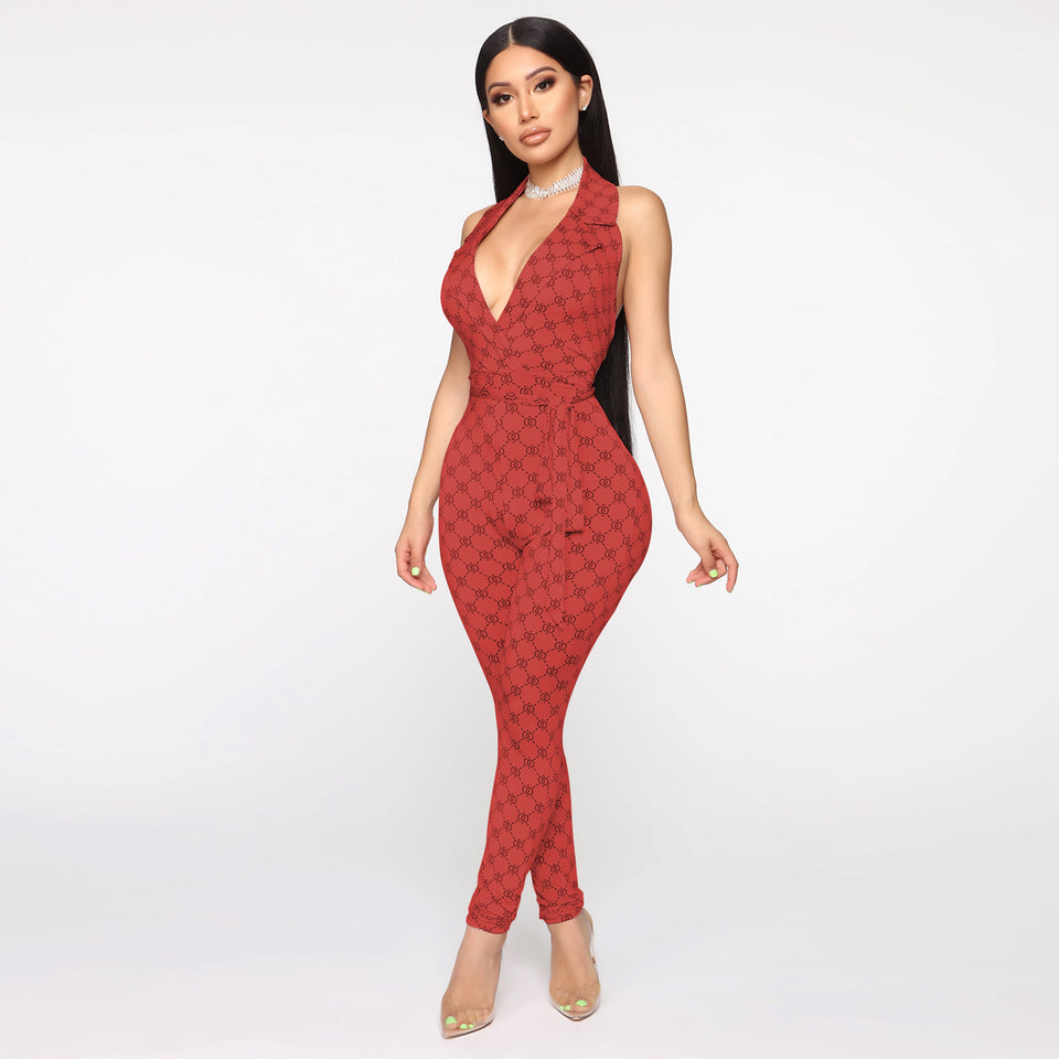 Mönstrad halterneck-jumpsuit med djup v-ringning