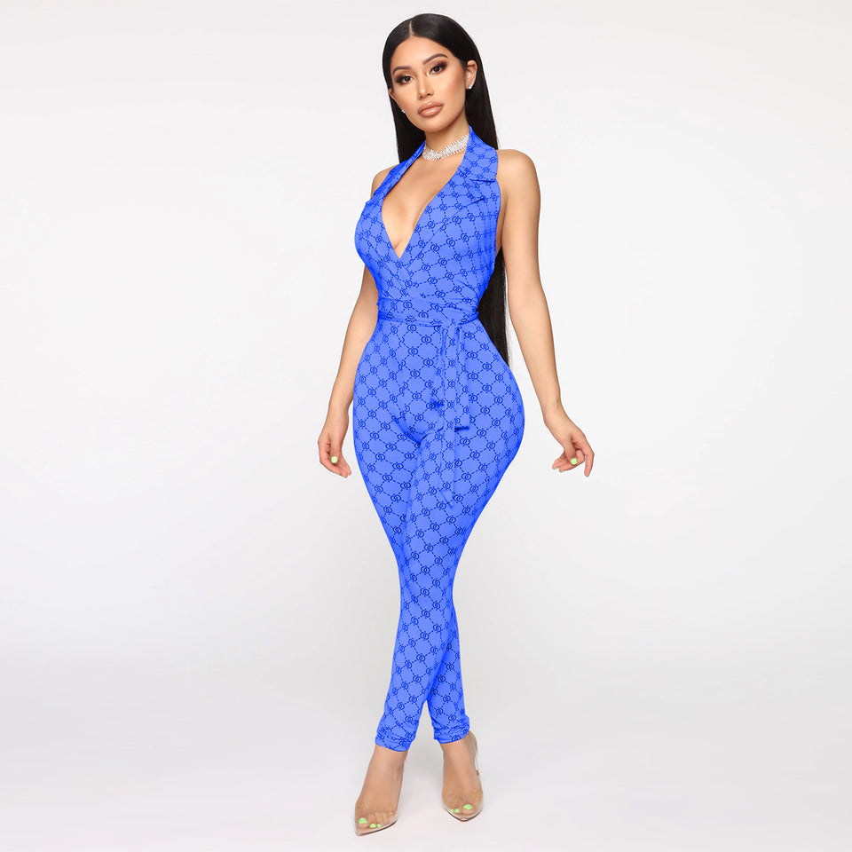 Mönstrad halterneck-jumpsuit med djup v-ringning