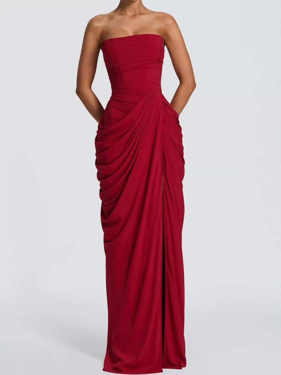 Elegant Strapless Ruched High-Slit Evening Dress