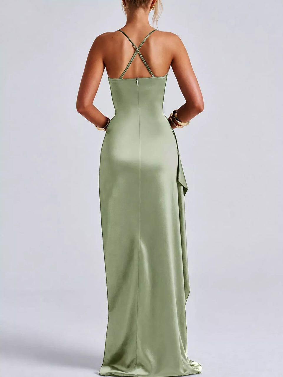 Satin Ruched High-Slit Maxi Dress
