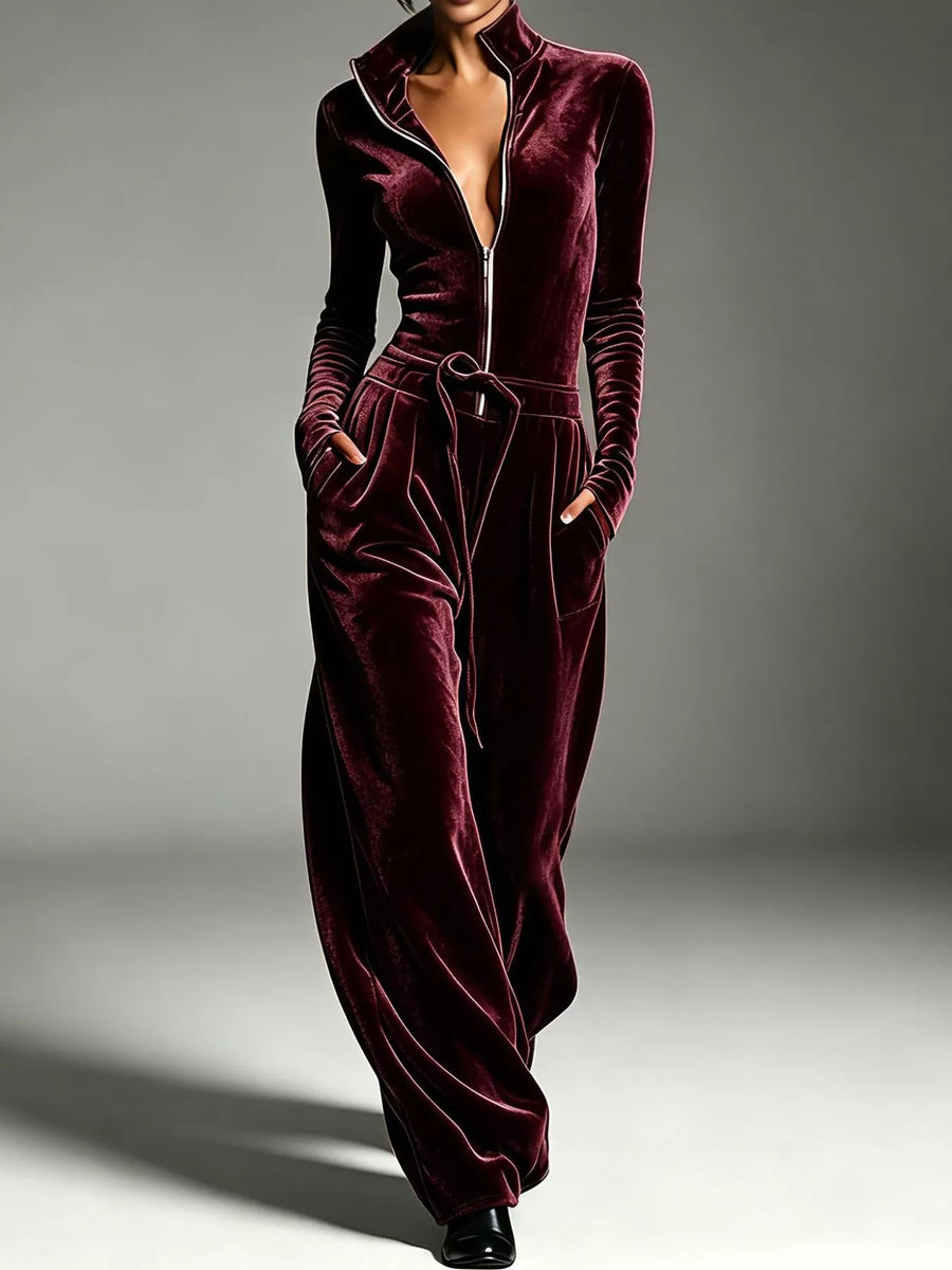 Velvet Zip-Up Jumpsuit with Tie-Waist