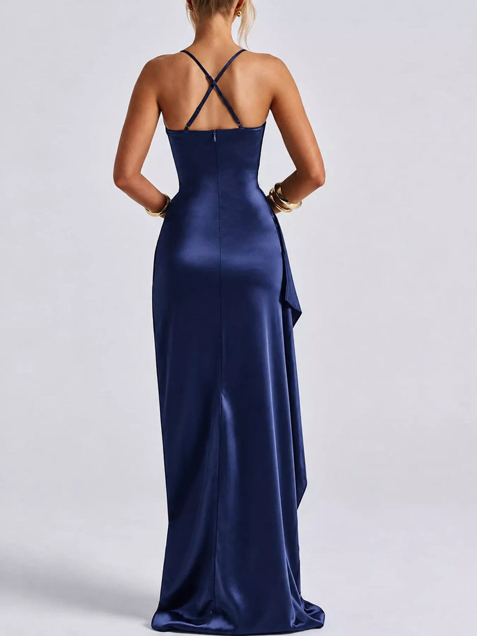 Satin Ruched High-Slit Maxi Dress