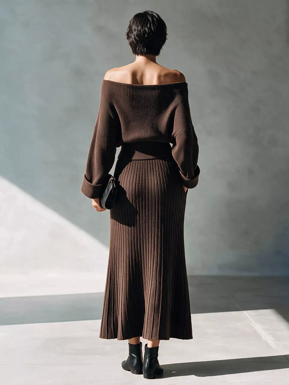 Elegant Off-Shoulder Ribbed Knit Top and Skirt Set