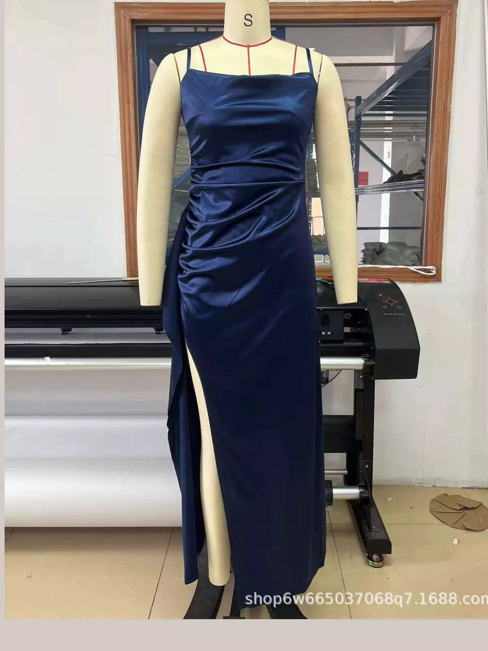 Satin Ruched High-Slit Maxi Dress