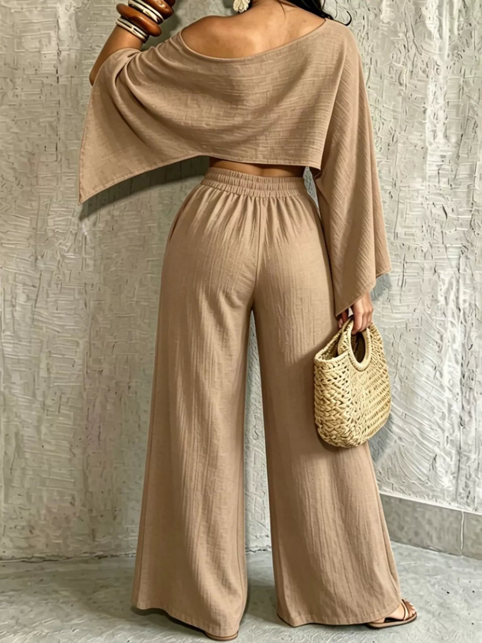 Boat Neck Crop Top and Wide-Leg Pants Set
