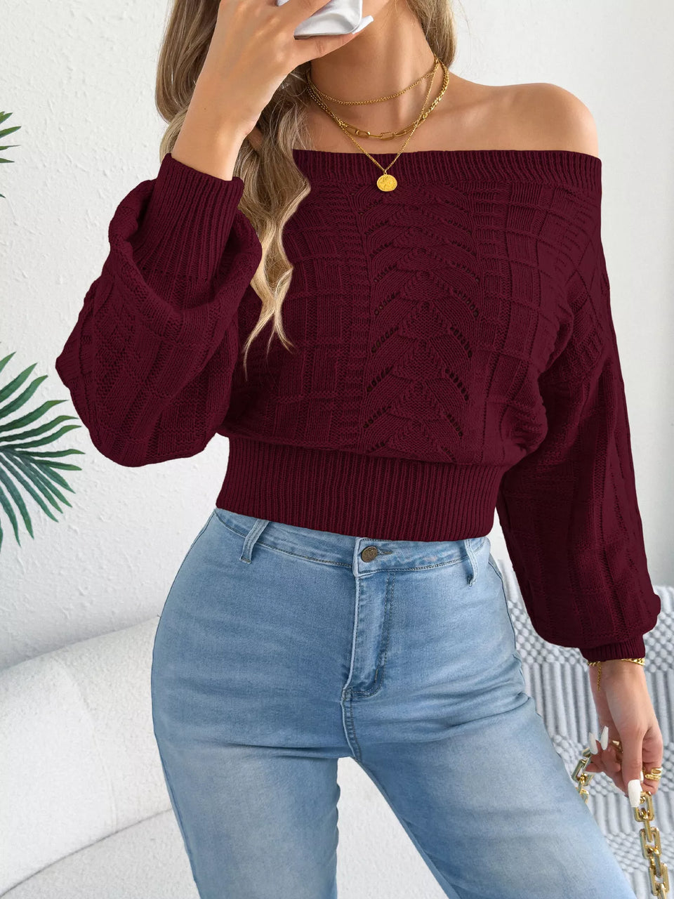 Off-Shoulder Openwork Cropped Sweater