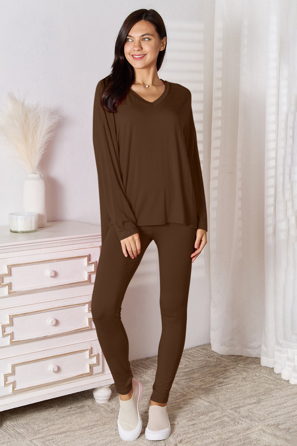 Basic Bae Soft Rayon V-Neck Top and Pants Lounge Set
