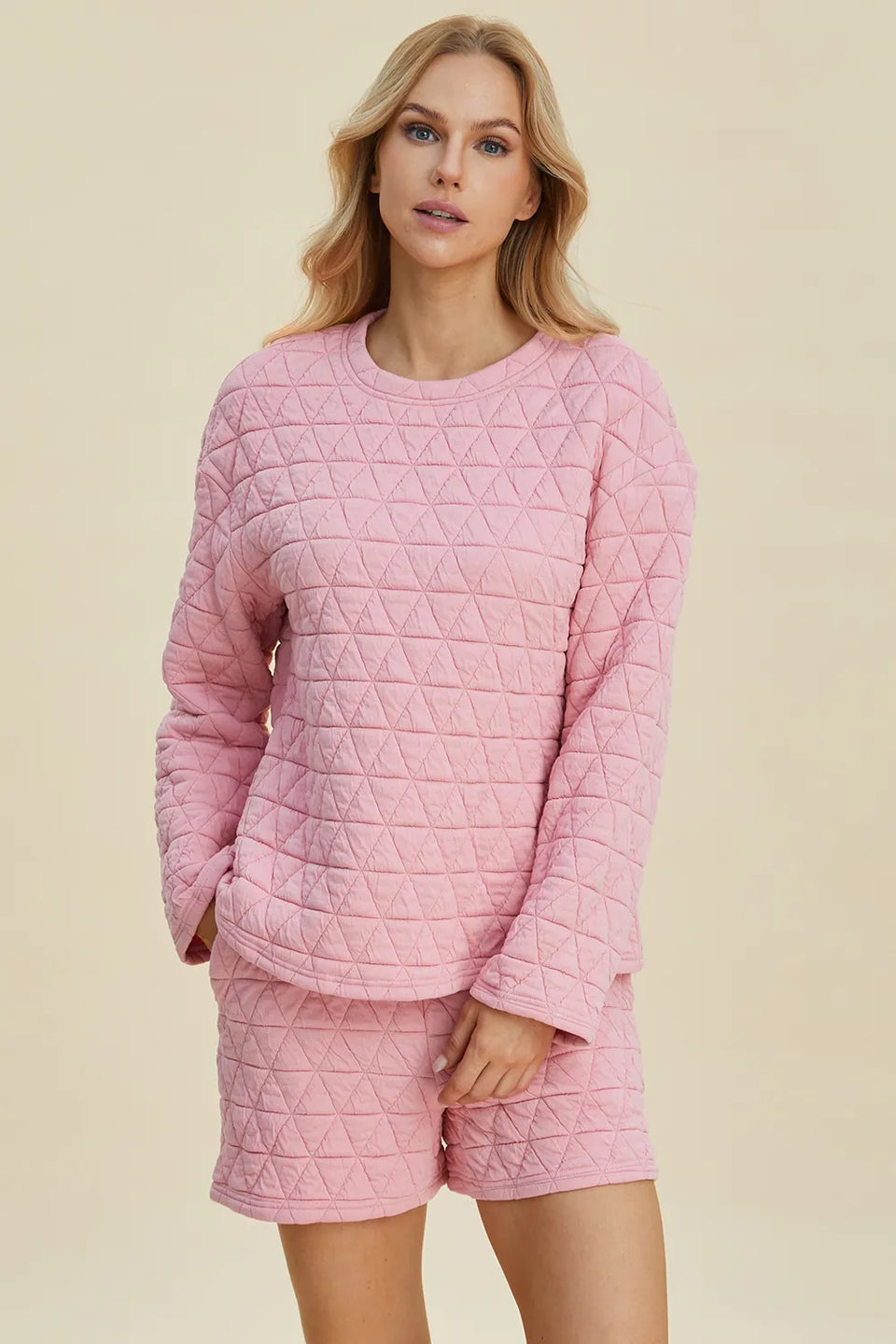 Double Take Textured Long Sleeve Top and Shorts Set