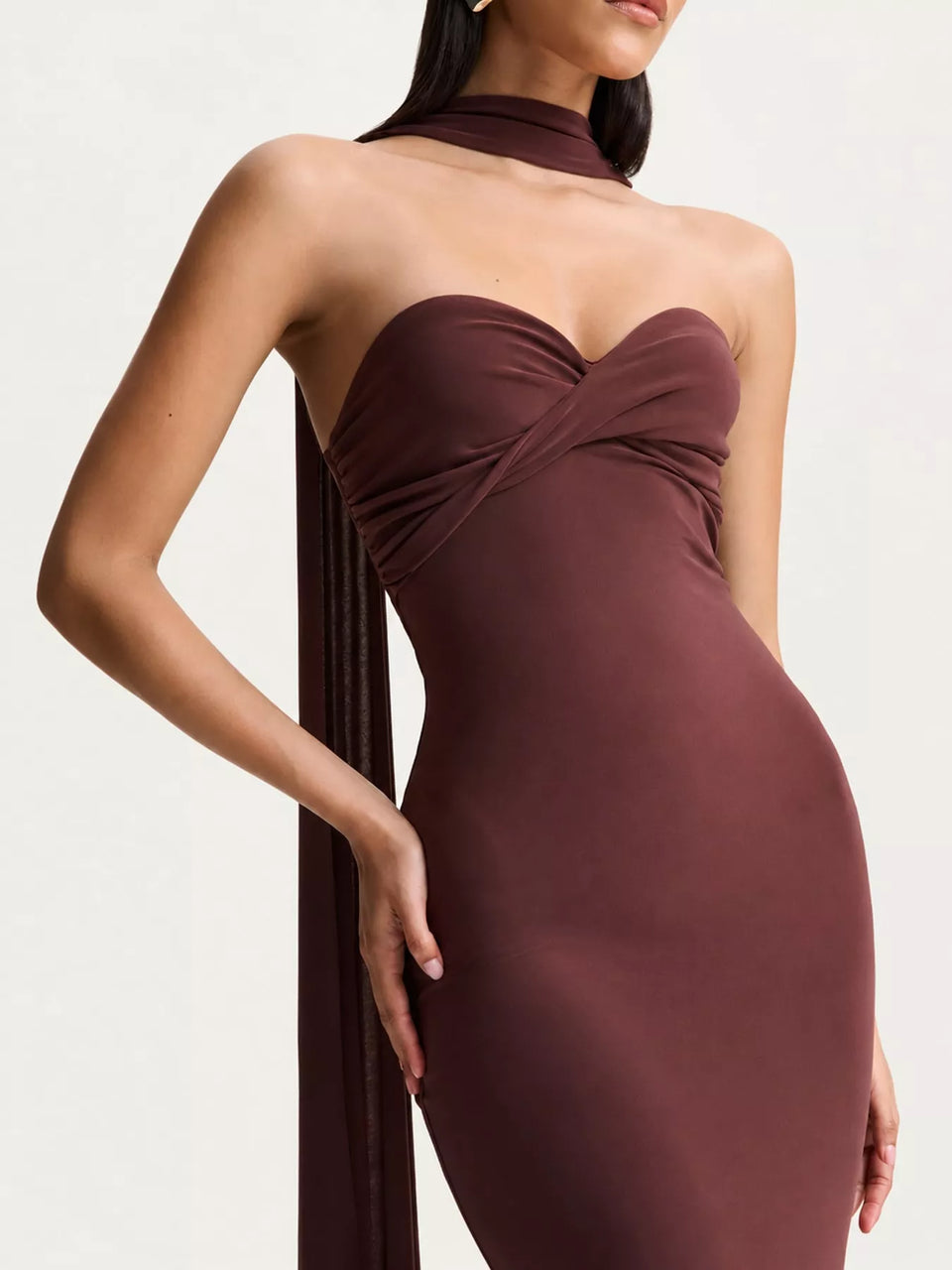 Strapless Ruched Bodycon Maxi Dress with Scarf
