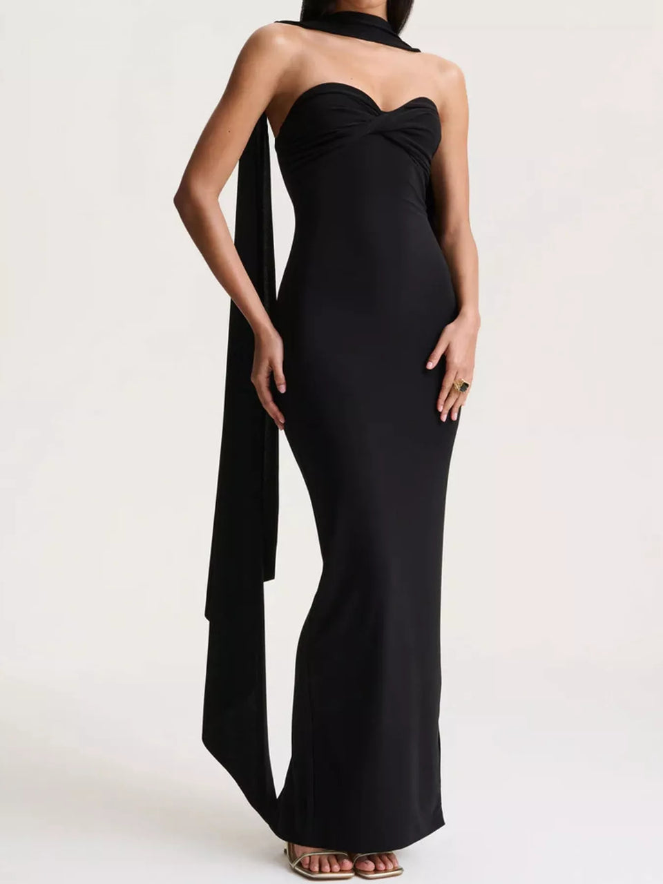 Strapless Ruched Bodycon Maxi Dress with Scarf