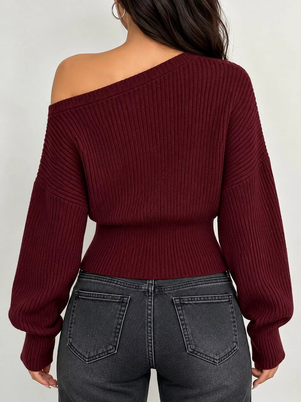 One Shoulder Ribbed Knit Sweater