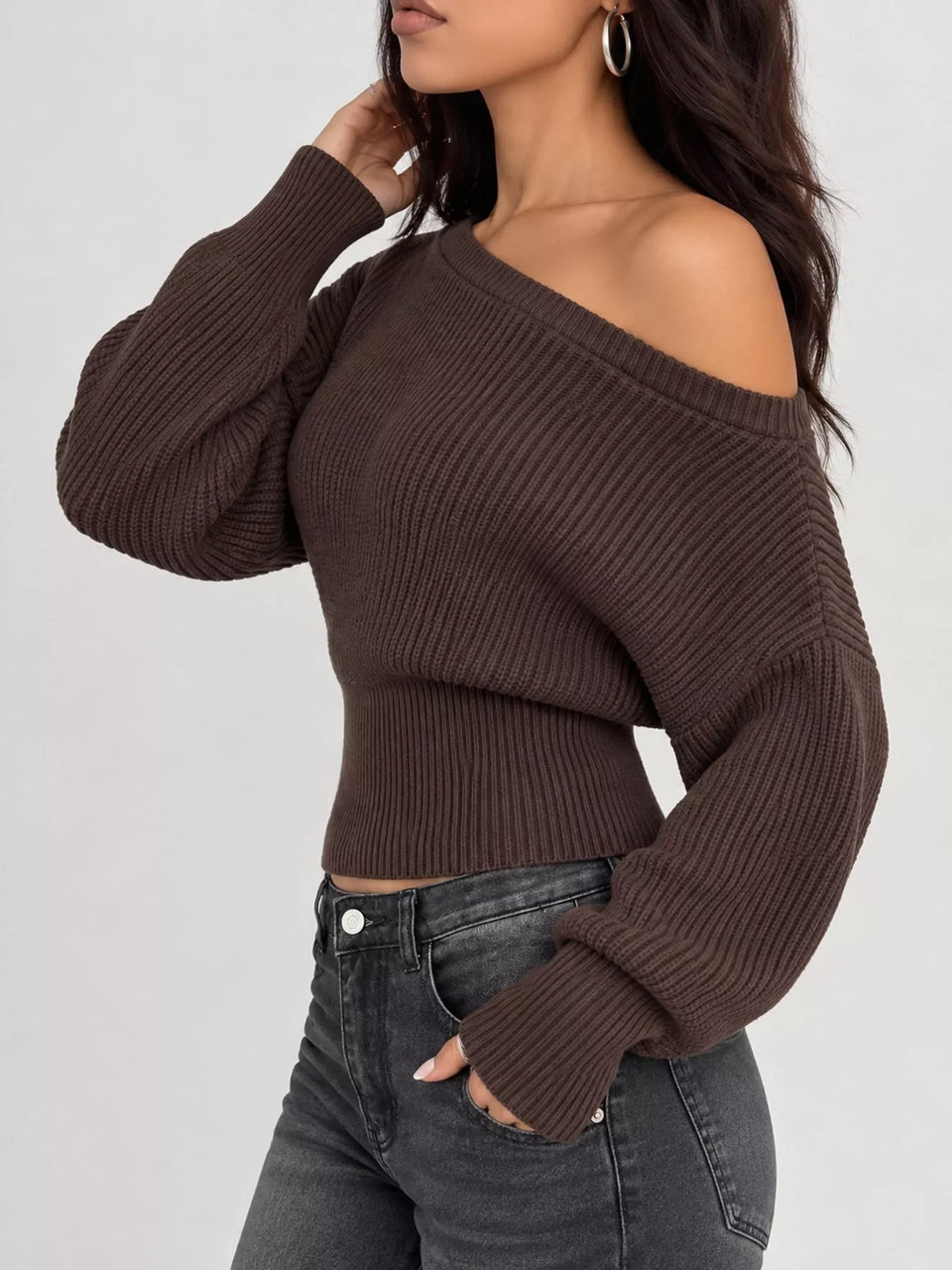 One Shoulder Ribbed Knit Sweater