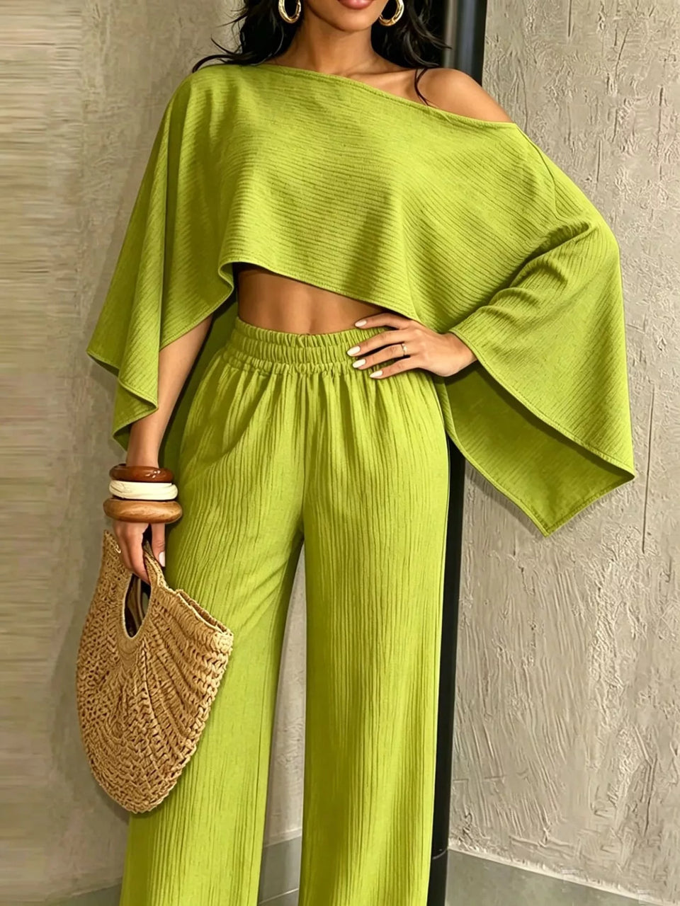 Boat Neck Crop Top and Wide-Leg Pants Set