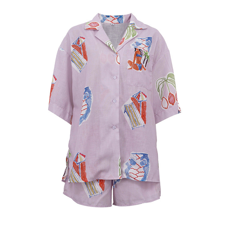 Mönstrat set med skjorta och shorts i linnemix