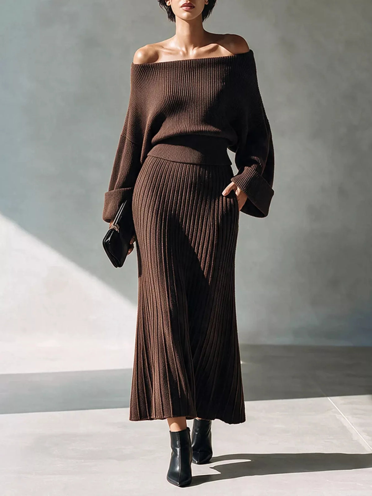 Elegant Off-Shoulder Ribbed Knit Top and Skirt Set